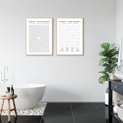Laylwhq Funny Bathroom Wall Art, Black and White, 16x24in, 2 Pcs | Forgot Your Phone Sign, Crossword Puzzle Pictures, Canvas Wall Decor, Unframed, Restroom Home Decorations - color: black and white, size: 16"Wx24"Hx2
