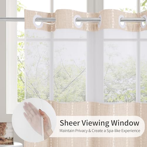 MitoVilla No Hooks Needed Farmhouse Shower Curtain with Snap-in Liner - with Window & Magnets, Boho Cotton Linen Fabric Shower Curtains with Tassels for Rustic Bathroom Decor, Beige/Cream, 72 x 74 - color: Cream - Win