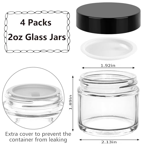 Accmor 2 OZ Glass Jars with Black Lids, 4 Pack Empty Cosmetic Containers Round Glass Travel Jars with Inner Liners & Spatulas, Leak Proof Makeup Sample Container for Storing Lotions, Cream, Ointments - color: Black, size: 2 Ounce