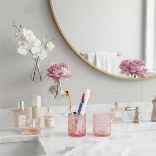Pink Toothbrush Holders for Bathrooms, Glass Toothbrush Holder with 2 Slot Divider, 10oz Bathroom Tumbler and Mouthwash Cup, Tooth Brush Holder for Brushes, Toothpaste - color: Pink