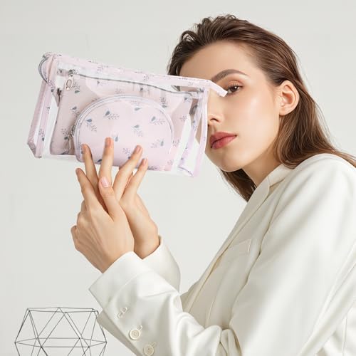 Richeart Makeup Bag, Clear Bag with Zipper, 3PC Floral Flowers Makeup Pouch, Waterproof Small Pouch, Portable Travel Toiletry Bag, E - style: E