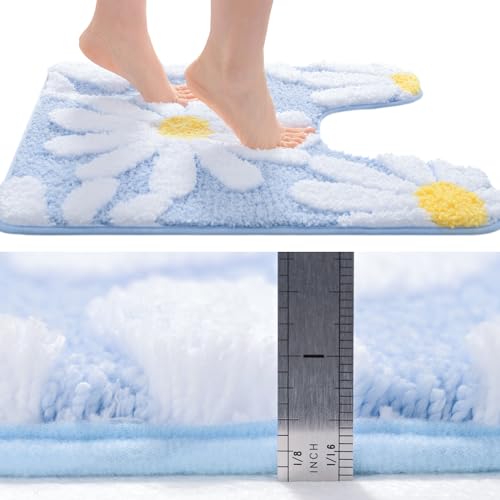 QJHOMO Bathroom Rug Set 2 Piece, Cute Daisy Bath Mat Blue Toilet Rug U Shaped, Flower Deocr Bathroom Set Non Slip Contour Bathmat, Super Absorbent Microfber Floor Mats Machine Washable Carpets - color: Blue, size: 1'8" x 2'8" (Rectangular & U-Shape)