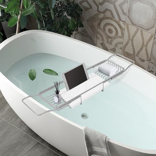 Expandable Bath Tub Tray Caddy Holder for Tablet, Towel, Bath Products, Fit Bathtub or Kitchen Sink, Luxury Bathtub Tray Rack Spa Shower Accessories Relaxing Spa Gifts for Women