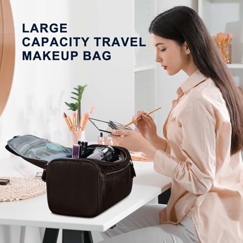 Hanging Toiletry Bag for Women and Men Traveling Makeup Large Capacity Cosmetics Portable Dopp Kit Storage Organizer Bag with Hanging Hook for Toiletries Brushes Shaving Tools - color: Coffee