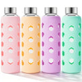 Mrsdry Glass Juice Bottles with Lids and Silicone Sleeves 18 oz, 4-Pack Reusable Clear Glass Water Bottles with Stainless Steel Airtight Cap for Juicing, Refrigerator, BPA Free Leak-Proof Drinking Jar - color: Mint