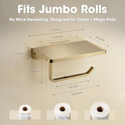 TRUSTMI Toilet Paper Holder with Shelf & Phone Stand | Brushed Gold Bathroom Storage, Solid Zinc Alloy, Wall Mounted | Holds 15lbs, Fits Jumbo Rolls - color: Brushed Gold, size: 7.1" x 4.3"