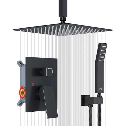 SunCleanse Rainfall Shower System Matte Black Ceiling Mounted Shower System Combo Set with High Pressure 12 Inches Square Rain Shower Head Handheld and Shower Faucet Rough-in Mixer Valve and Trim - color: Matte Black, style: 12-ceiling