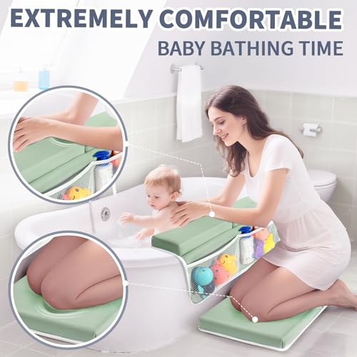 URMYWO Bath Kneeler and Elbow Rest Pad Set - 1.5" Thick Baby Bath Kneeler Pads with Toys Organizer, Anti-Slip Cozy Knee & Arm Support Bathtub Mat, Quick Dry Kneeling Pad for Baby Bath Time - color: Green
