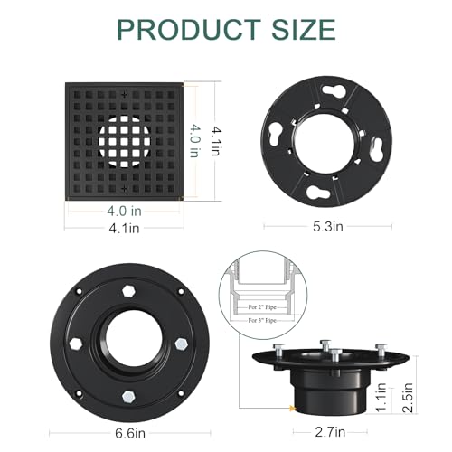 4 Inch Shower Floor Drain with Flange - Square Shower Drain with Hair Strainer - Removable Grid Strainer Cover - SUS304 Stainless Steel - Matte Black - color: Matte Black