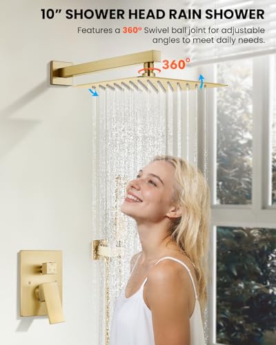 gotonovo Shower System with Tub Spout,Waterfall Tub Shower Faucet Set for Bathroom Head and Handle Set Wall Mounted 3 Function Rough-in Valve and Trim Included 10 inch Shower Head Brushed Gold - color: Brushed Gold, size: 10 inch Shower Head