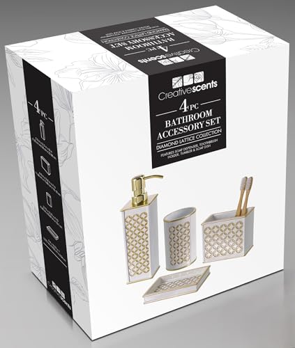 Creative Scents Diamond Lattice White & Gold 4 Piece Bathroom Accessories Set