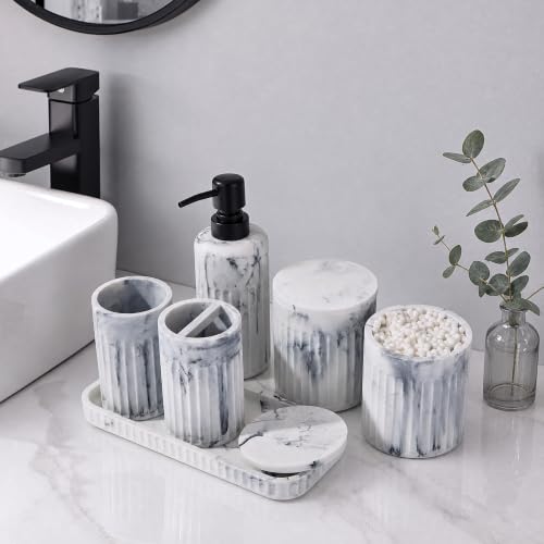 INIUNIK Bathroom Accessory Set, 6 Pieces, Marble White | Resin, Bathroom Accessories Set, with Soap Dispenser Set, Toothbrush Holders, Tumbler, Vanity Tray & 2 Qtip Holder - color: Marble White