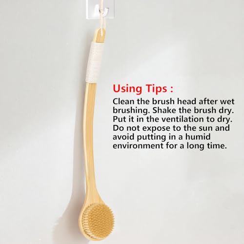 Back Scrubber Brush for Shower, 22" Curved Long Bamboo Handle Shower Brush, Antiskid Body Bath Brushes for Back Dry/Wet Brushing, Moderately Soft Natural Bristle Body Brush for Showering (Beige)