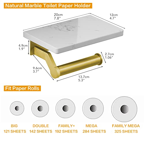 Hoimpro Brushed Gold Aluminum Toilet Paper Holder with White Natural Marble Shelf, Wall Mounted Tissue Hand Paper Roll Storage Holder for Bathroom Kitchen Washroom Bedroom - color: Gold