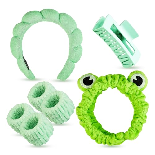 7 Pcs Spa Set, Facial Spa Headband and Wristband Set, Skincare Headband, College Style Girl Gift, Hair Accessories for Women and Girls (Green) ﻿ - color: Green