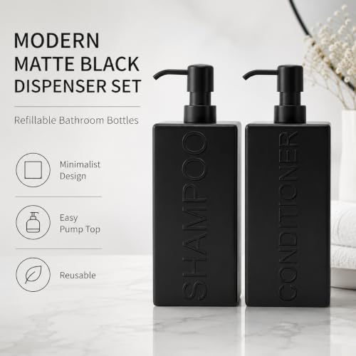 Rectangular Resin Dispenser Premium Bathroom Shampoo Conditioner Body Wash Bottle Modern Refillable Pump Design - color: Black