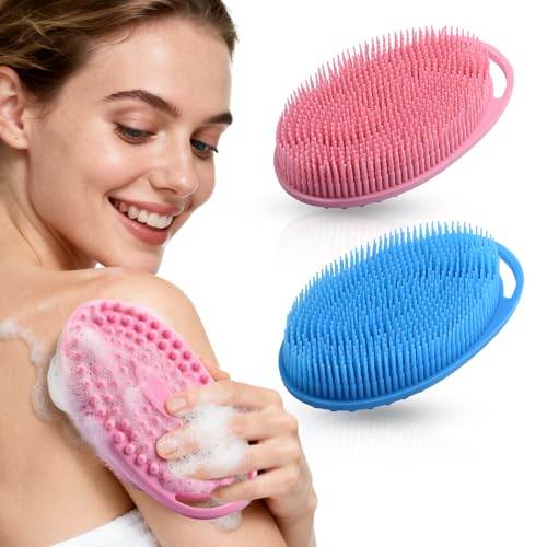 2 Pack Silicone Body Scrubber, Exfoliating Shower Scrubber for All Skin | 2 in 1 dual-sided design, soft bristles and massage bumps side, fast-drying, non-slip handle, for women and men, Blue+Pink - color: Blue&pink