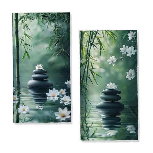 Zen Hand Towels Set of 2, Absorbent Green Bamboo Stones White Flowers Meditation Bathroom Kitchen Towels, Lightweight Breathable Face Towels for Bathroom Gym Hotel - color: Zen