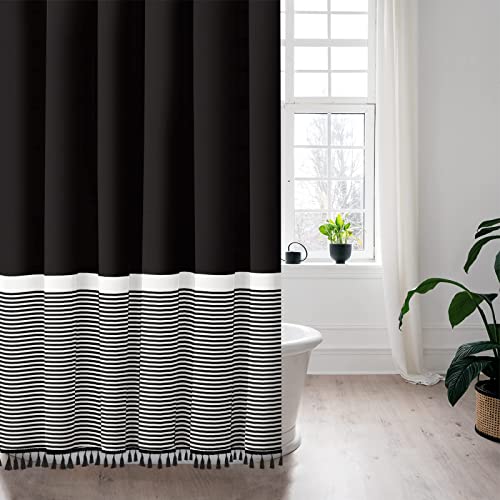 Seasonwood 84 Inch Shower Curtain Black Shower Curtains White Striped with Black Tassels Modern Farmhouse Waterproof Cloth Shower Curtain Set - color: Black, size: 72"W x 84"L (Pack of 1)