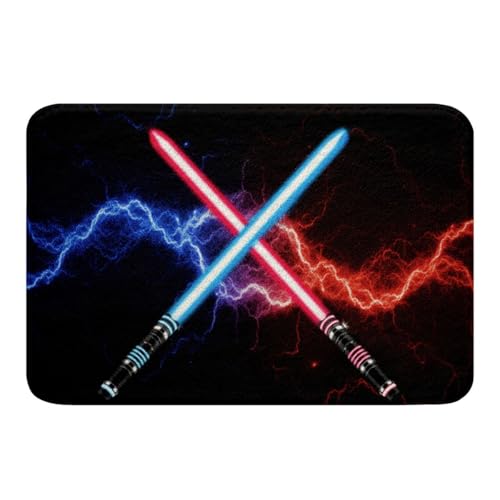 Blue Purple Light Up Sword Bathroom Rug,Neon Glowing Lightning Bathroom Rug Video Games Non Slip Bath Mat Kids Boys Teens Bath Indoor Doormat Decor,Modern Black Shaggy Absorbent Floor Mat,20"x32" - color: Lightsaber 10, size: 20" x 32"
