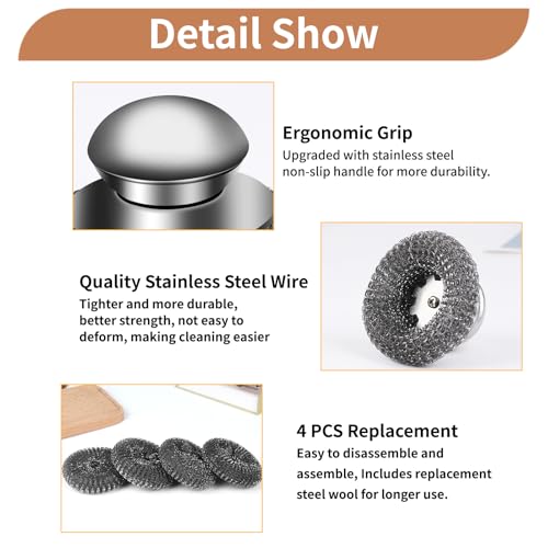 5Pcs Steel Wool Scrubber with Replacement Wire Sponge Pads Set, Stainless Steel Scrubber with Handle for Scouring Stubborn Messes from Cast Iron, Pots, Pans, Grill, Stoves, Sink(1 Scrubber+4 Pads) - size: 1 Handle+4 Pads