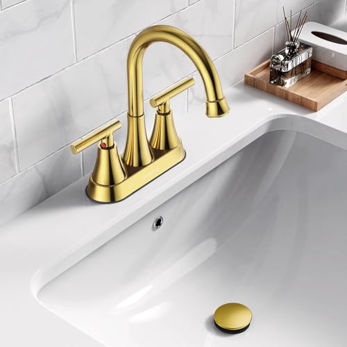 Bathroom Sink Drain with Overflow, Hurran Universal Bathroom Sink Stopper for Bathroom Vanity Vessel Sink, Plastic Pop-up Sink Drain with Hair Catcher Anti-Clog Strainer, 2 Pack, Brushed Gold | Hurran Bathroom Sink Stopper for 1.65"-1.9" Hole, Plastic Pop