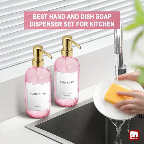 GMISUN Pink Soap Dispenser Bathroom, 2 Pack Kitchen Hand and Dish Soap Dispensers Set, 17 Fl Oz Pink Glass Soap Dispenser with Gold Pump, Refillable Modern Farmhouse Liquid Soap Pump Bottles - color: Pink Bottle + Golden Pump