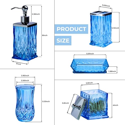 Bathroom Accessories Set,5 Pcs Blue Glass Bathroom Accessory Set,Complete Lotion Soap Dispenser, Toothbrush Holder,Soap Dish,Tumbler & Jar,Modern Bathroom Decor Sets Gift,Square - style: Square(Blue)