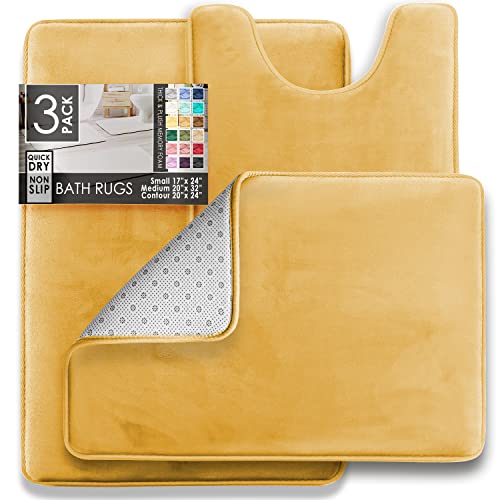 Clara Clark Bathroom Rug Set, 3 Piece Velvet Memory Foam Bath Mats with Non-Slip PVC Backing, Gold - color: Camel Gold, style: 17 x 24 + 20 x 32 + Contour
