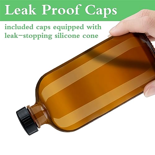 Amber Glass Soap Dispenser 16 Oz - Empty Bottles Set with Black Pumps & Lids & Lables for Refillable Shampoo Conditioner Bathroom Shower Wash Hand Body Lotion Soap Dish Kitchen Container Brown