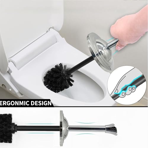 Stainless Steel Toilet Bowl Brush with Holder Metal Bathroom Cleaning Set Rustproof Hygienic Durable Modern Design - color: Chrome/Silver