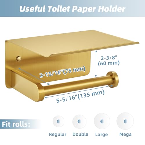 APLusee Brushed Gold Toilet Paper Holder with Shelf, 304 Stainless Steel Wall Mounted Compact Bathroom Tissue Hanger - color: Brushed Gold, size: Single Rod