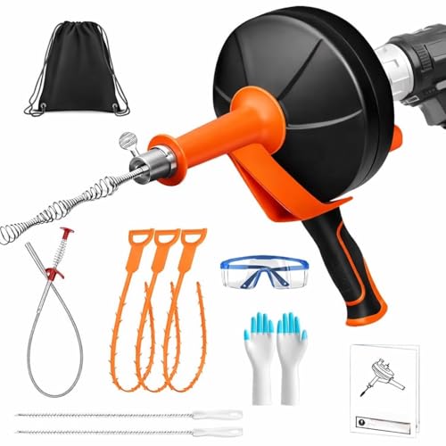 Drain Auger 25ft, Drain Clog Remover with Drill Adapter, Flexible Plumbing Snake for Kitchen, Bathroom & Shower, Manual or Drill Powered Drain Snake - size: 25ft Drain Auger + Tool Kit