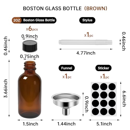 2 oz Amber Glass Bottles - Small Glass Jars with Black Lids Empty Boston Bottle,Dispensing Bottles for Homemade Vanilla Extract, Essential Oils, Herbal Medicine (6)