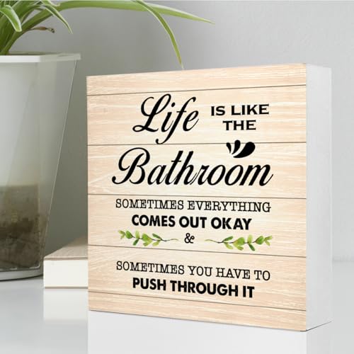 Burlywood Life is Like The Bathroom Wooden Box Sign Desk Decor,Funny Bathroom Wood Block Sign for Farmhouse Toilet Shelf Decor - color: Burly Wood