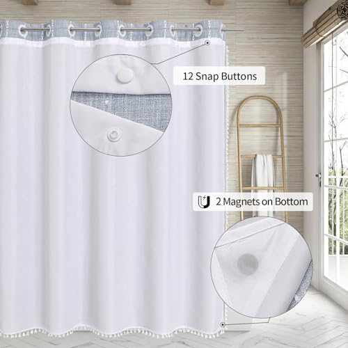 MitoVilla No Hooks Required Boho Farmhouse Shower Curtain with Snap-in Liner, Cotton Linen Fabric Shower Curtains with Tassels for Rustic Neutral Bathroom Decor, Blue, 72 x 74 - color: Blue