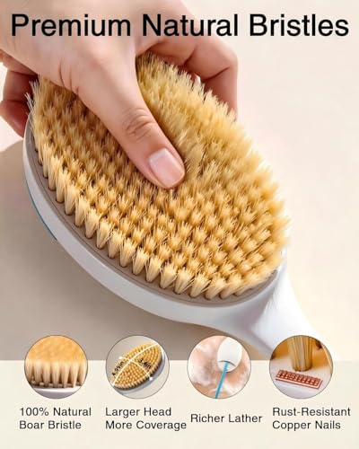 BUBBLEDANCE® Natural Boar Bristle Back Scrubber – 4X Scrubbing Power, Extendable Long Handle (17.5"-31.9") for Deep Exfoliation & Dry Brushing – 1.3X Wider Head, Anti-Slip Shower Brush for Men & Women
