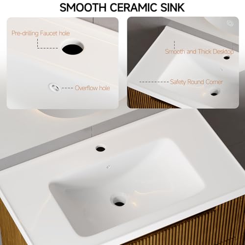 ONBRILL Modern Bathroom Vanity with Sink Combo, Curved Floating Bath Vanity with 2 Drawer, Wall Mount Bathroom Vanities with Integrated Ceramic Sink for Small Space, Apartment (Walnut, 24") - color: Walnut, size: 24"
