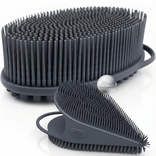 Avilana Silicone Body Scrubber for Shower – SGS Certified Food Grade Dual Sided Bath Brush, Gentle Exfoliating Silicone Loofah Alternative, Sensitive Skin Body Brush (Dark Gray-Silver, Body & Face) - color: Dark Gray-silver, size: Body & Face