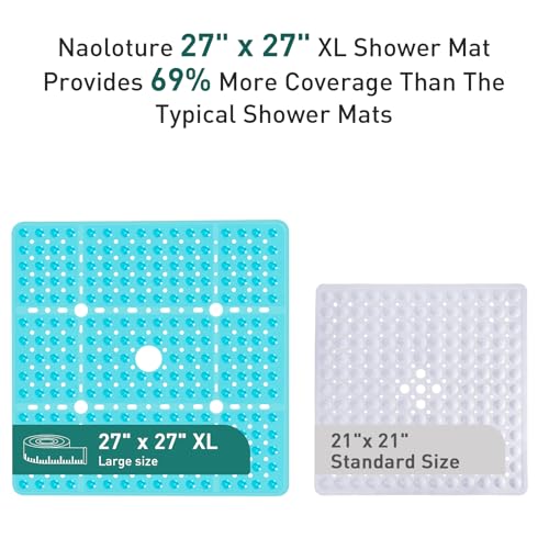 Large Square Shower Mat 27 x 27 Inch Clear Green, Non Slip Shower Bathtub Mats for Inside Shower with Big Suction Cups Drain Holes, Anti Slip Bathroom Floor Stall Mats, Easy Clean, BPA-Free - color: Clear Green