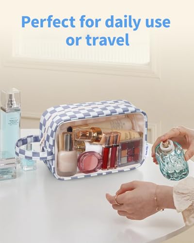 Narwey Clear Toiletry Bags for Traveling Women Men, Clear Travel Bags for Toiletries Makeup Bag Cosmetic Bag with Zipper, Make Up Organizer, Skincare Bag (Grayish Blue Checkerboard) - color: Y-Grayish Blue Checkerboard