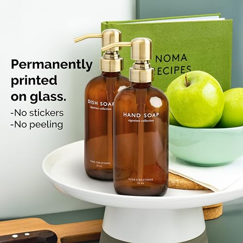 Vine Creations Amber Glass Soap Dispenser Set, Dish Soap and Hand Soap Dispenser Set with Stainless Steel Pump, 16 oz Glass Dispensers for Kitchen or Bathroom Decor (Amber Bottle/Brushed Brass Pump) - color: Amber Bottle / Brushed Brass Pump