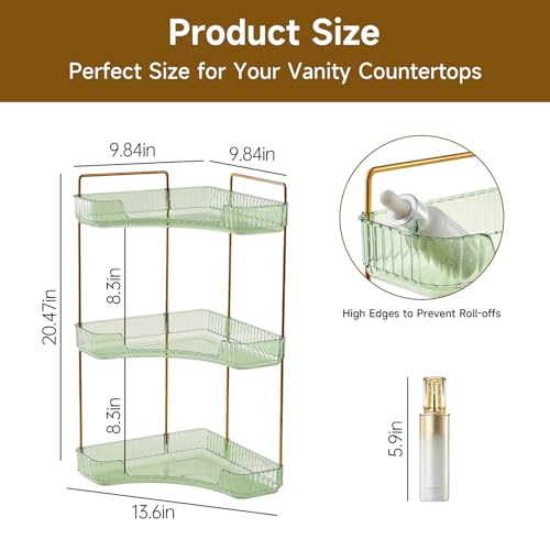 Ceruaxb 3-Tier Corner Bathroom Counter Organizer, Plastic Countertop Makeup Organizer, Large Capacity Vanity Bathroom Perfume Shelf Rack for Kitchen Office Desktop (Green)