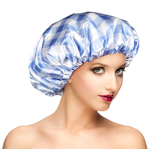 Shower Cap for Women Reusable Waterproof, Double Waterproof Layers Large Shower Cap, Plastic Shower Caps with PEVA Lining Bathing Cap Adjustable Elastic Band Hair Cap for Shower - color: Blue Plaids, size: X-Large