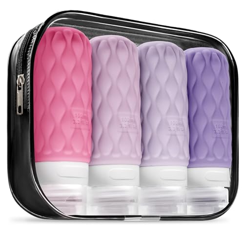 Silicone Travel Bottles for Toiletries 8 Pack Travel Size Toiletries 3.4 oz 1.7 oz, Leakproof Squeeze Travel Size Containers Refillable Cosmetic Jars Set for Shampoo, Conditioner, Creams - color: Purple-3.4oz
