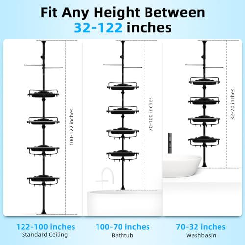 XLHOMO 32-122inch Corner Shower Caddy Tension Pole Black, Rustproof Drill-Free Shower Shelves for Bathroom Bathtub Washbasin, Adjustable Shower Organizer with 4 Tier Patent Stable Shelves & Towel Bars - color: Black