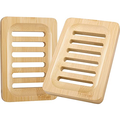 Anwenk Bamboo Wooden Soap Dish, Bar Soap Holder Soap Tray for Shower Bathroom Kitchen Sink Drainer - 2 Pack (Natural Color) - color: Bamboo 2pack