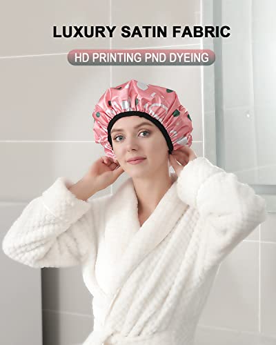 YIZIJIZI Triple Layer Reusable Waterproof Shower Cap for Women Large Terry Lined Hair Cap for Long Thick Hair Travel Bath Care Pink Flowers - color: Pink Flowers