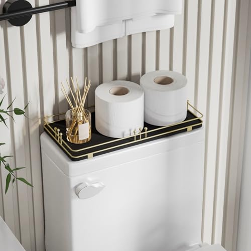 Toilet Paper Basket, Bathroom Basket for Counter Toiletries Towel Decor, Toilet Tank Tray, Guest Back of Toilet Organizer Storage, Vanity Tray for Perfume Makeup, Kitchen 13”x6.5” Black-Gold - color: Black + Gold, size: 13" x 6.5" x 1.6"
