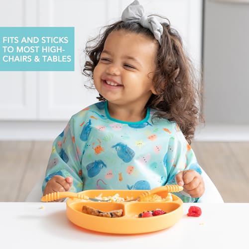 Bumkins Toddler and Baby Suction Plate, Silicone Divided Grip Dish, Babies and Kids, Baby Led Weaning, Children Feeding Supplies, Non Skid Sticky Bottom, Platinum Silicone, 6 Months Up, Tangerine - color: B8 Tangerine-GD